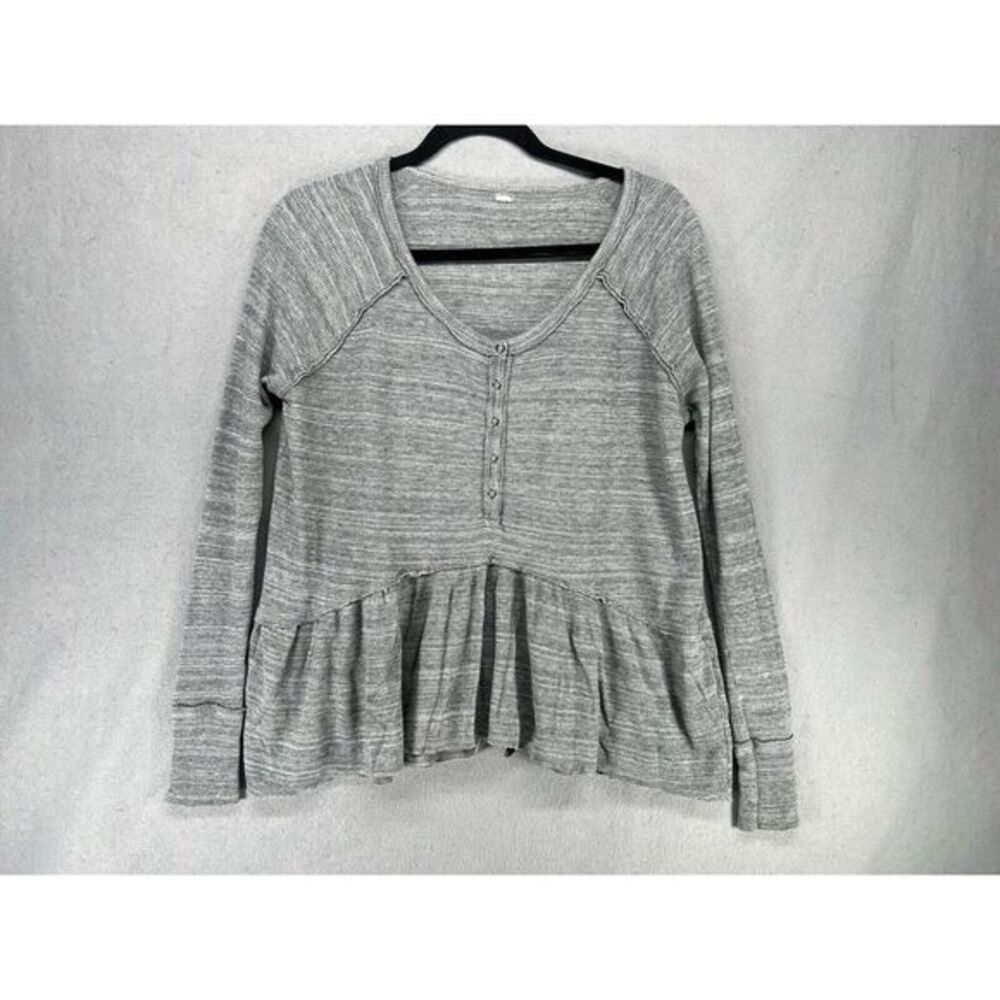 We The Free People Women Size Small Gray Coastline Henley Peplum Top Waffle Knit